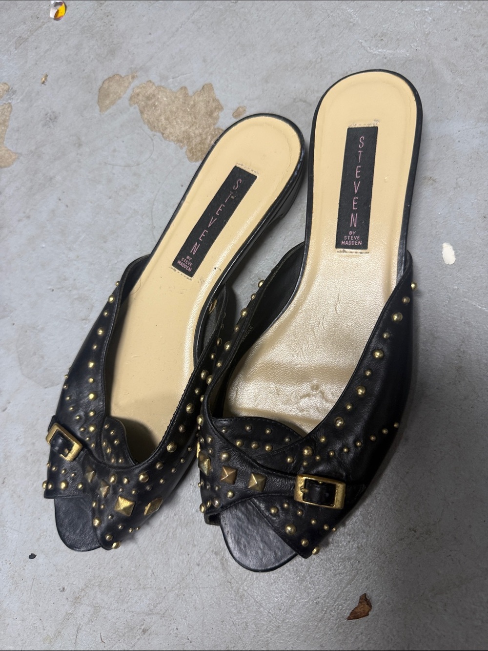 Steve Madden Black Leather Studded Slide Mules with Gold Accents Size 10